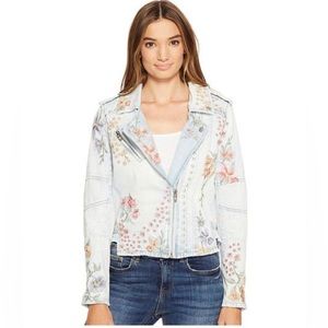 BLANK NYC Women's Blue Floral Embroidered Denim Moto Jacket Size M